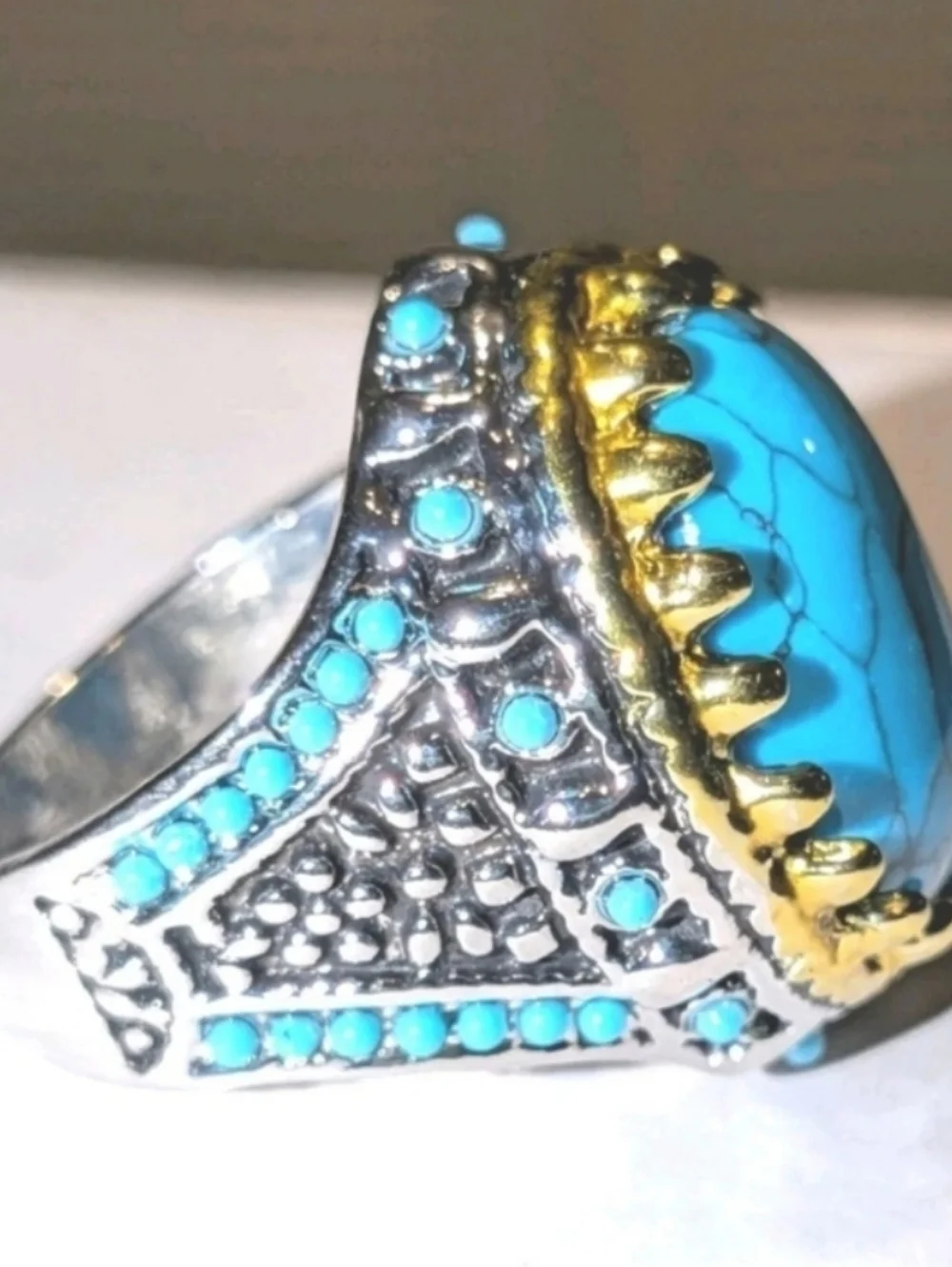 Retro Punk Style Ring Simulated Turquoise Two Tone Polished Statement Band Ring